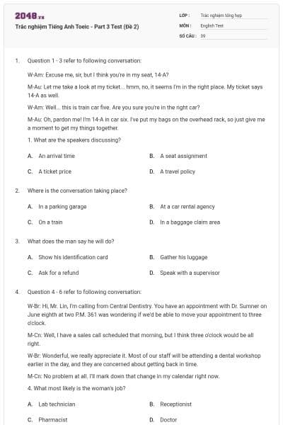 Trắc nghiệm Tiếng Anh Toeic - Part 3 Test (Đề 2)