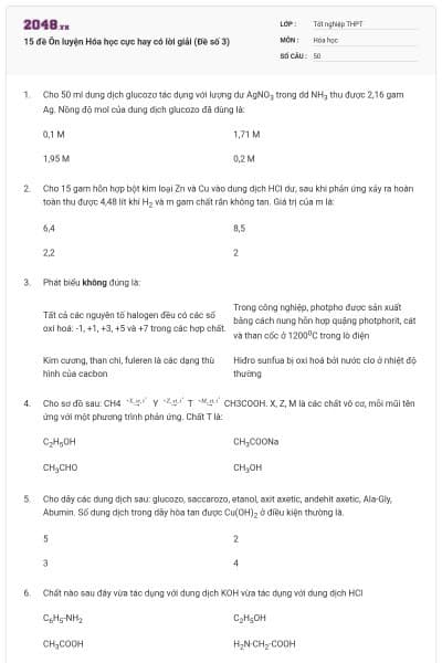 15 đề Ôn luyện Hóa học cực hay có lời giải (Đề số 3)
