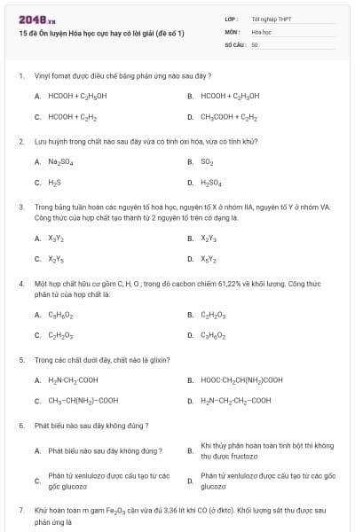 15 đề Ôn luyện Hóa học cực hay có lời giải (đề số 1)