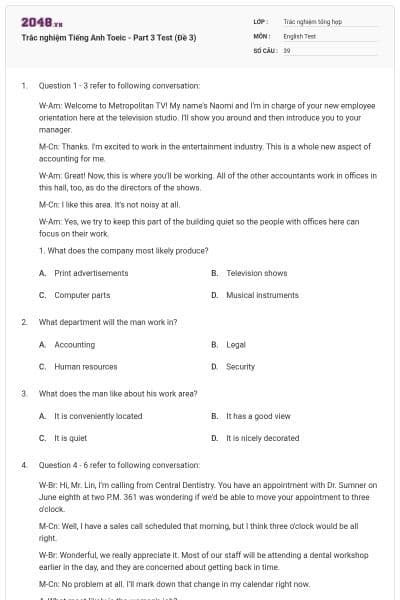 Trắc nghiệm Tiếng Anh Toeic - Part 3 Test (Đề 3)