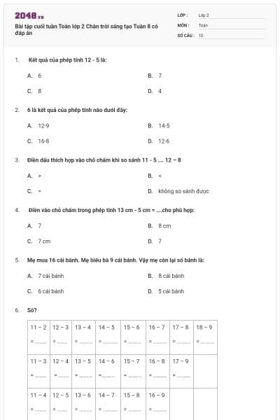Bài tập cuối tuần Toán lớp 2 Chân trời sáng tạo Tuần 8 có đáp án