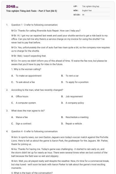 Trắc nghiệm Tiếng Anh Toeic - Part 3 Test (Đề 5)