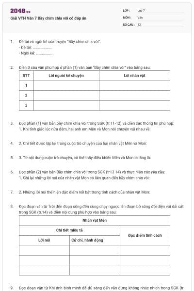 Giải VTH Văn 7 Bầy chim chìa vôi có đáp án