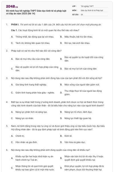 Đề minh họa tốt nghiệp THPT Giáo dục kinh tế và pháp luật có đáp án năm 2025 (Đề 14)