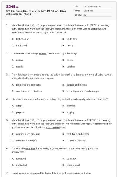 500 Câu trắc nghiệm từ vựng ôn thi THPT QG môn Tiếng Anh có đáp án - Phần 3