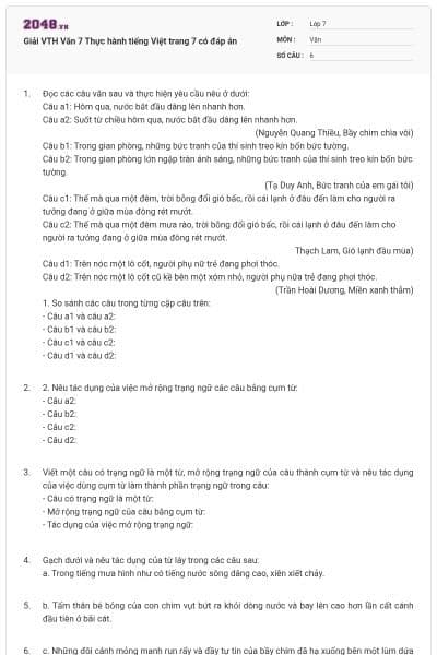Giải VTH Văn 7 Thực hành tiếng Việt trang 7 có đáp án
