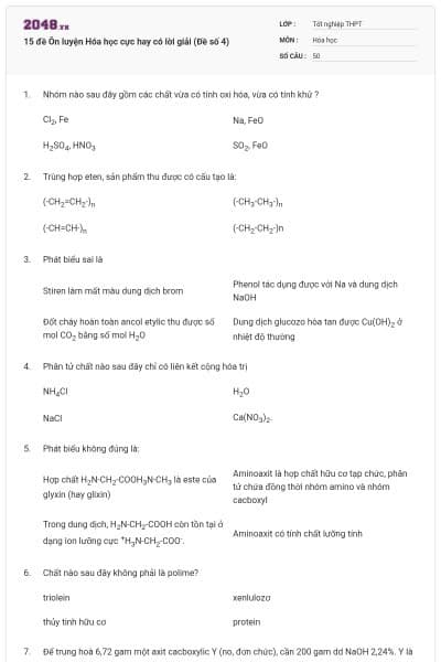 15 đề Ôn luyện Hóa học cực hay có lời giải (Đề số 4)