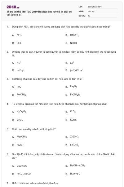 15 Đề thi thử THPTQG 2019 Hóa học cực hay có lời giải chi tiết (đề số 11)