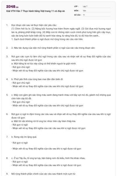 Giải VTH Văn 7 Thực hành tiếng Việt trang 11 có đáp án