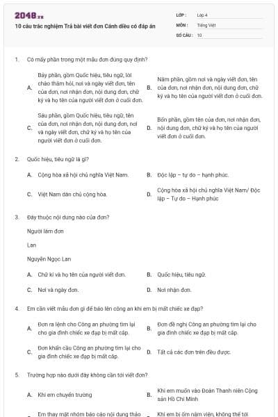 10 câu trắc nghiệm Trả bài viết đơn Cánh diều có đáp án