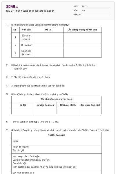 Giải VTH Văn 7 Củng cố và mở rộng có đáp án