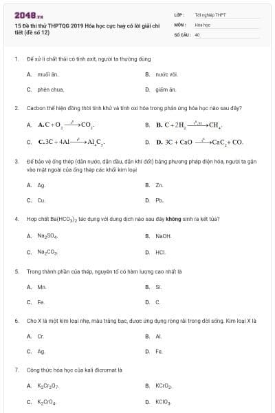 15 Đề thi thử THPTQG 2019 Hóa học cực hay có lời giải chi tiết (đề số 12)
