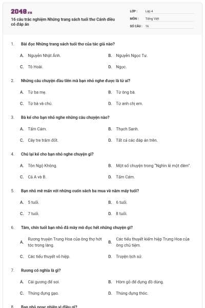 16 câu trắc nghiệm Những trang sách tuổi thơ Cánh diều có đáp án