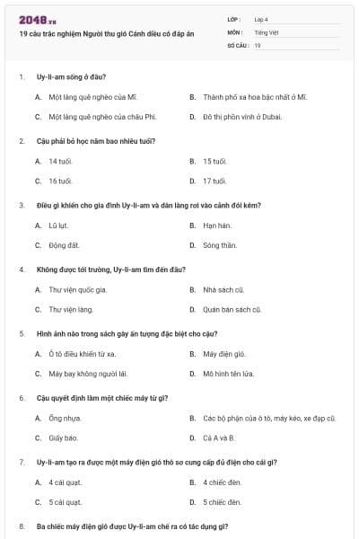 19 câu trắc nghiệm Người thu gió Cánh diều có đáp án