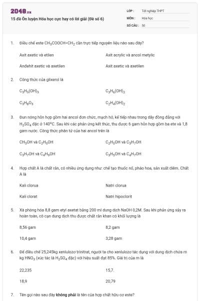 15 đề Ôn luyện Hóa học cực hay có lời giải (Đề số 6)