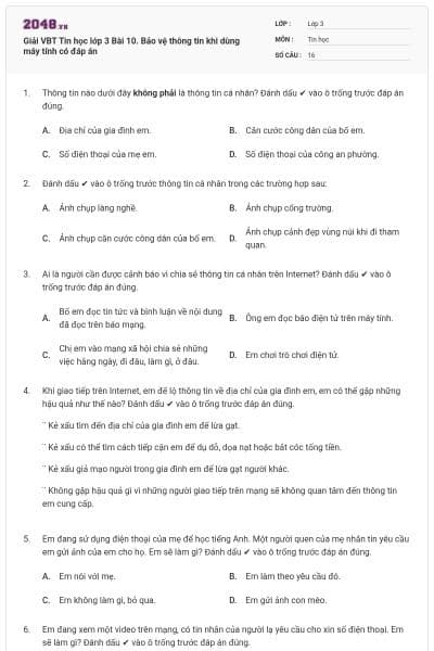 Giải VBT Tin học lớp 3 Bài 10. Bảo vệ thông tin khi dùng máy tính có đáp án