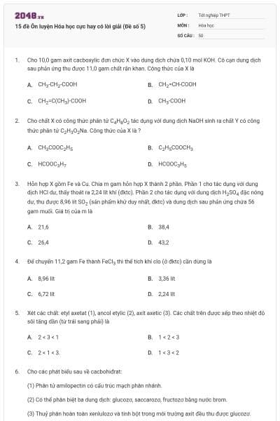 15 đề Ôn luyện Hóa học cực hay có lời giải (Đề số 5)