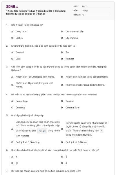 12 câu Trắc nghiệm Tin học 7 Cánh diều Bài 4: Định dạng hiển thị dữ liệu số có đáp án (Phần 2)