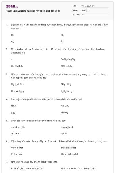 15 đề Ôn luyện Hóa học cực hay có lời giải (Đề số 8)