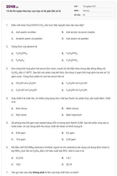 15 đề Ôn luyện Hóa học cực hay có lời giải (Đề số 6)