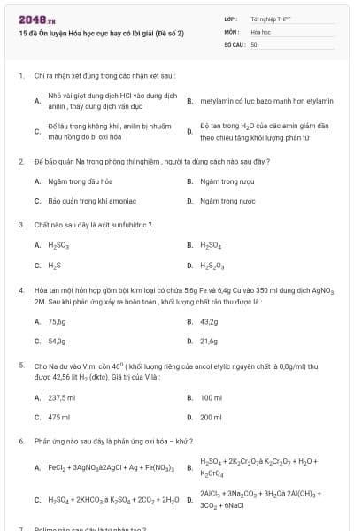 15 đề Ôn luyện Hóa học cực hay có lời giải (Đề số 2)