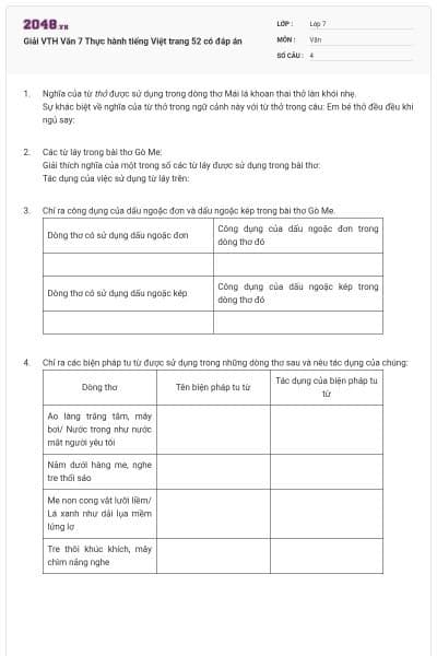Giải VTH Văn 7 Thực hành tiếng Việt trang 52 có đáp án
