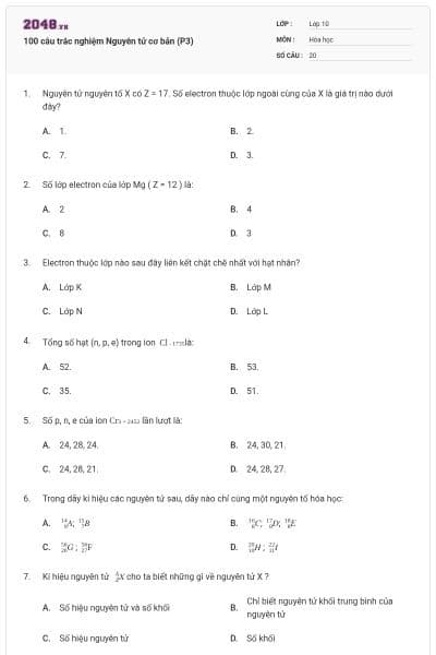 100 câu trắc nghiệm Nguyên tử cơ bản (P3)