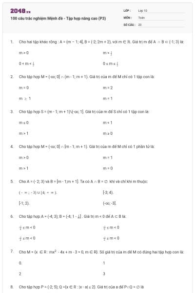 100 câu trắc nghiệm Mệnh đề - Tập hợp nâng cao (P3)