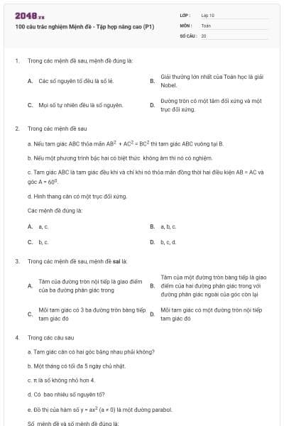 100 câu trắc nghiệm Mệnh đề - Tập hợp nâng cao (P1)