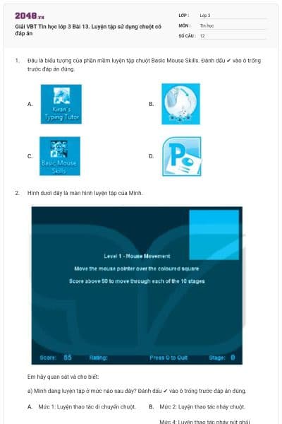 Giải VBT Tin học lớp 3 Bài 13. Luyện tập sử dụng chuột có đáp án