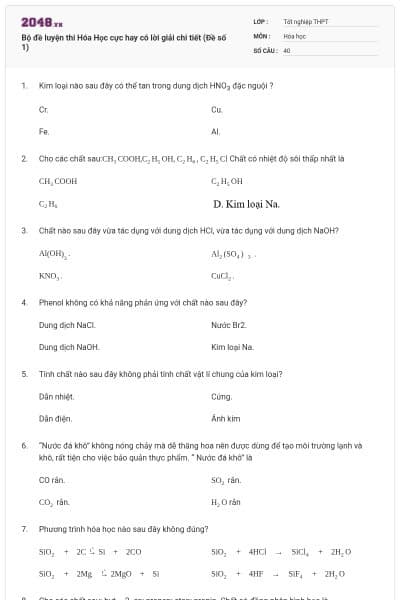 Bộ đề luyện thi Hóa Học cực hay có lời giải chi tiết (Đề số 1)
