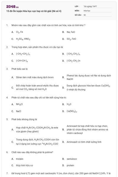 15 đề Ôn luyện Hóa học cực hay có lời giải (Đề số 4)