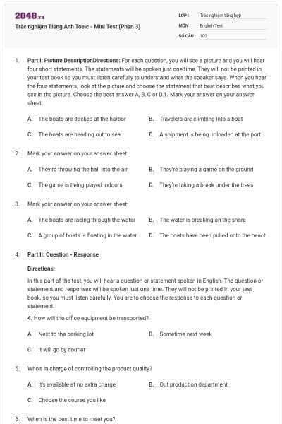 Trắc nghiệm Tiếng Anh Toeic - Mini Test (Phần 3)