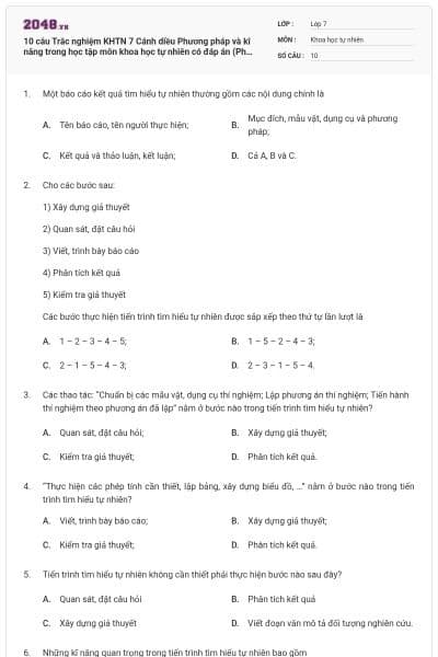 10 câu Trắc nghiệm KHTN 7 Cánh diều Phương pháp và kĩ năng trong học tập môn khoa học tự nhiên có đáp án (Phần 2)