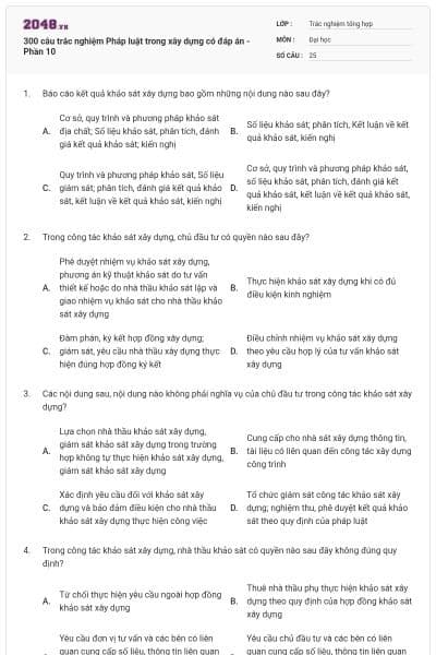 300 câu trắc nghiệm Pháp luật trong xây dựng có đáp án - Phần 10