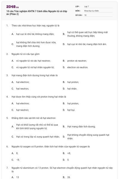 10 câu Trắc nghiệm KHTN 7 Cánh diều Nguyên tử có đáp án (Phần 2)