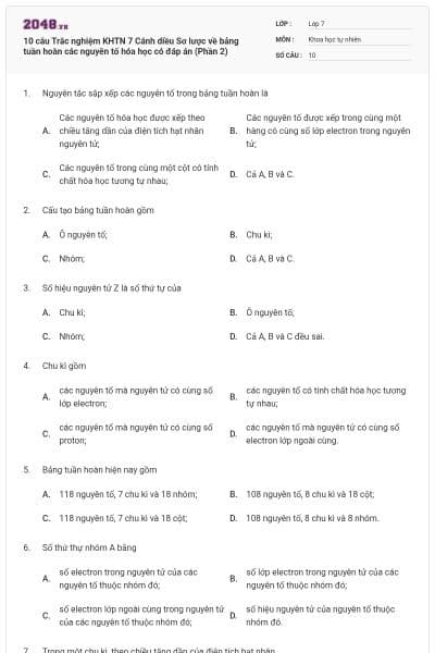 10 câu Trắc nghiệm KHTN 7 Cánh diều Sơ lược về bảng tuần hoàn các nguyên tố hóa học có đáp án (Phần 2)