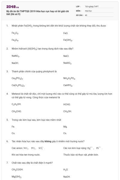 Bộ đề ôn thi THPTQG 2019 Hóa học cực hay có lời giải chi tiết (Đề số 9)