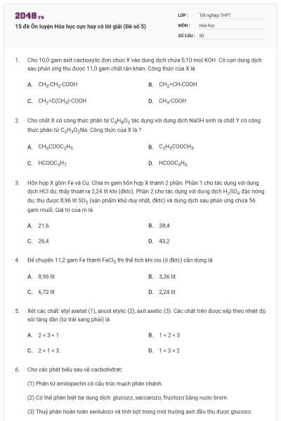 15 đề Ôn luyện Hóa học cực hay có lời giải (Đề số 5)