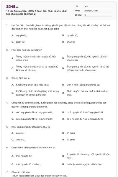 10 câu Trắc nghiệm KHTN 7 Cánh diều Phân tử, đơn chất, hợp chất có đáp án (Phần 2)