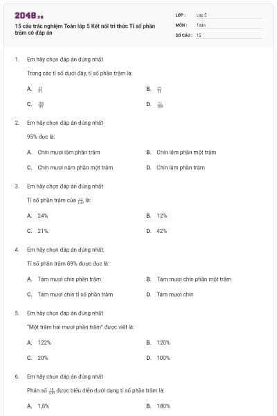 15 câu trắc nghiệm Toán lớp 5 Kết nối tri thức Tỉ số phần trăm có đáp án