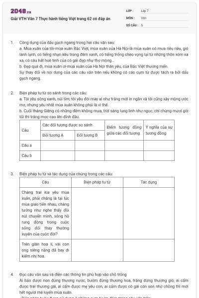 Giải VTH Văn 7 Thực hành tiếng Việt trang 62 có đáp án