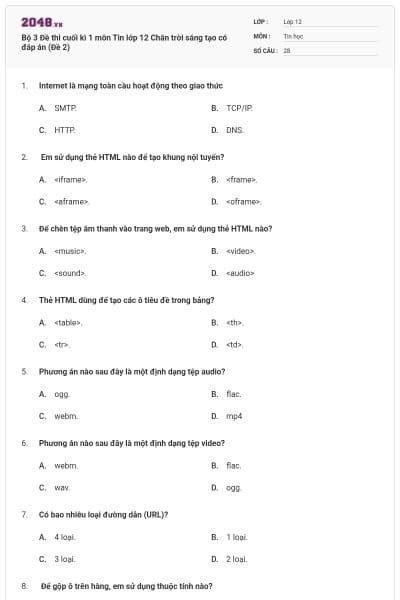 Bộ 3 Đề thi cuối kì 1 môn Tin lớp 12 Chân trời sáng tạo có đáp án (Đề 2)