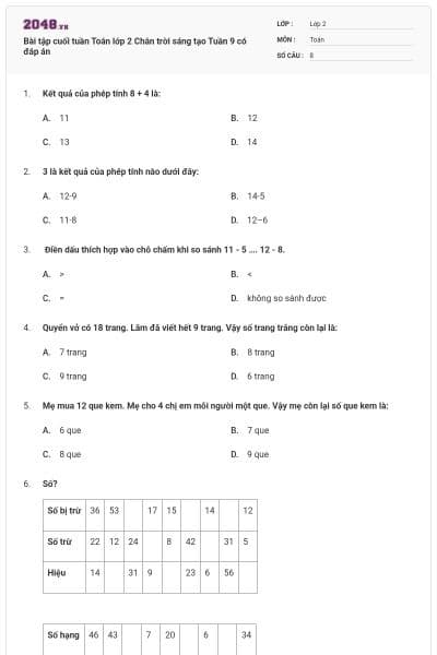 Bài tập cuối tuần Toán lớp 2 Chân trời sáng tạo Tuần 9 có đáp án