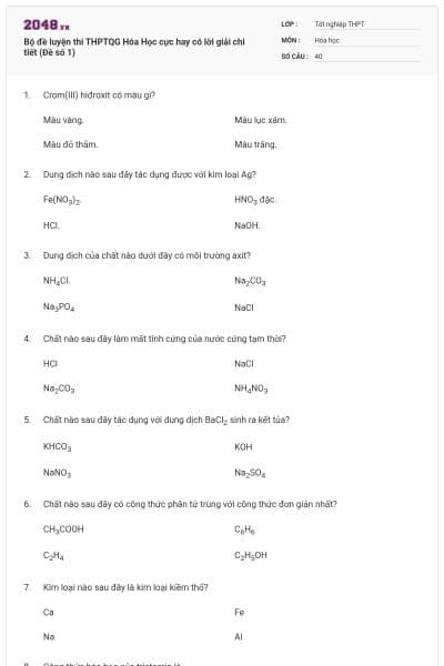 Bộ đề  luyện thi THPTQG Hóa Học cực hay có lời giải chi tiết (Đề số 1)
