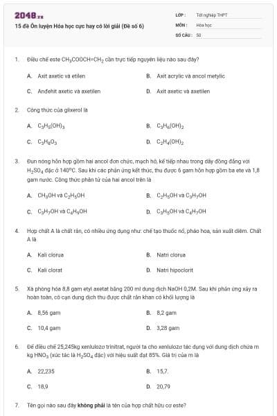 15 đề Ôn luyện Hóa học cực hay có lời giải (Đề số 6)