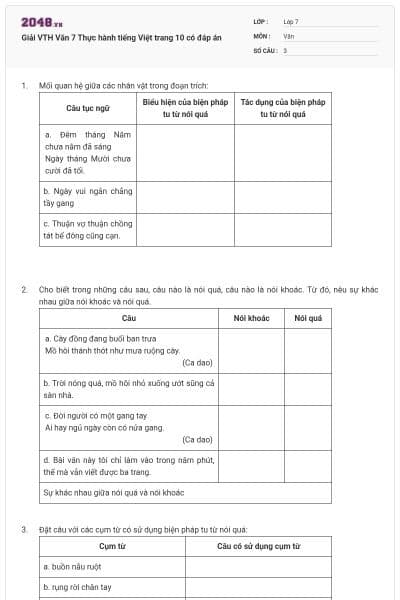 Giải VTH Văn 7 Thực hành tiếng Việt trang 10 có đáp án