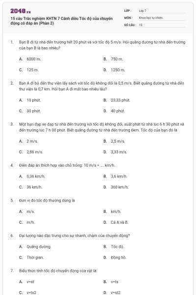 15 câu Trắc nghiệm KHTN 7 Cánh diều Tốc độ của chuyển động có đáp án (Phần 2)