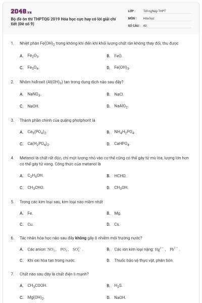 Bộ đề ôn thi THPTQG 2019 Hóa học cực hay có lời giải chi tiết (Đề số 9)