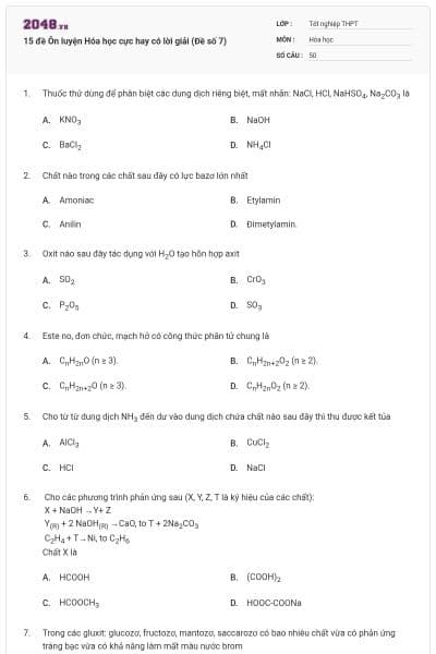 15 đề Ôn luyện Hóa học cực hay có lời giải (Đề số 7)